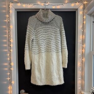 Elegant Cream and Gray Turtleneck Dress